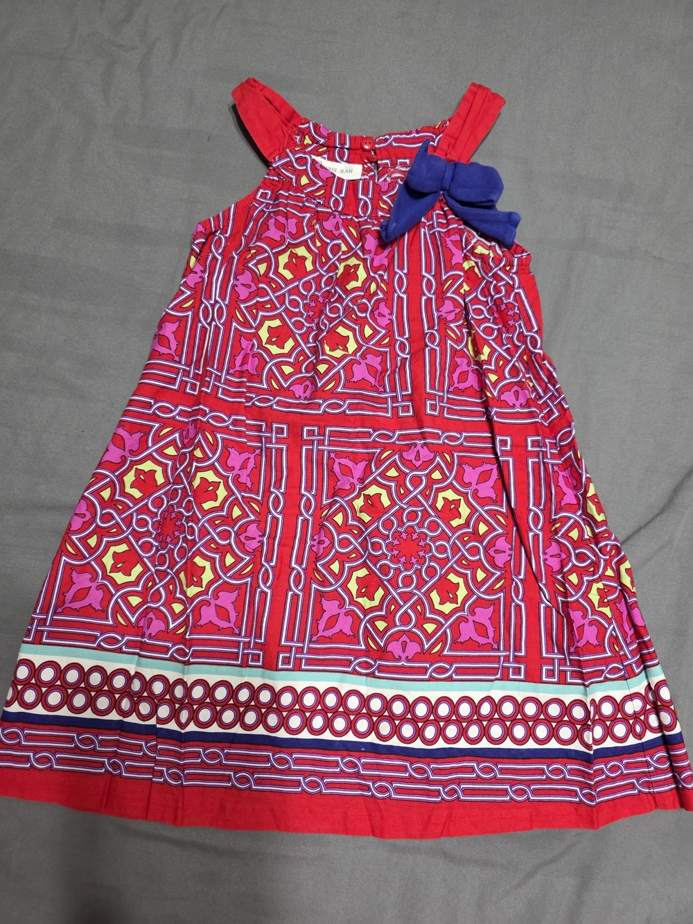 Girls' Red Patterned Sundress with Navy Bow